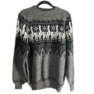 La Llama Enterprises Grey Alpaca Wool Made in Peru Crewneck Aztec Sweater Sz L